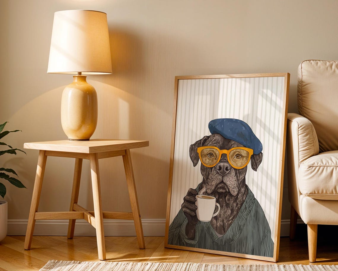Boxer in Blue Beret and Yellow Glasses Holding Coffee Mug Poster - Image 2