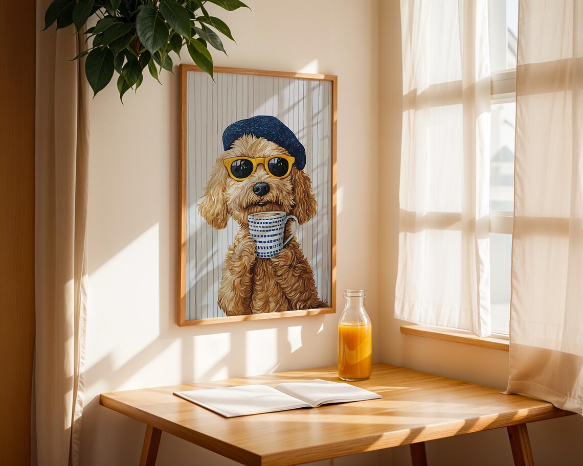 Goldendoodle in Blue Beanie and Sunglasses Sipping Coffee Poster - Image 2