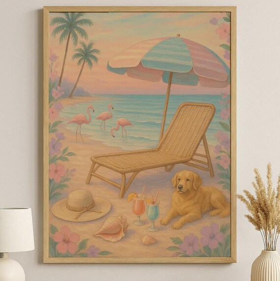 Golden Retriever Beach Day Poster Flamingos Tropical Summer Coastal Decor