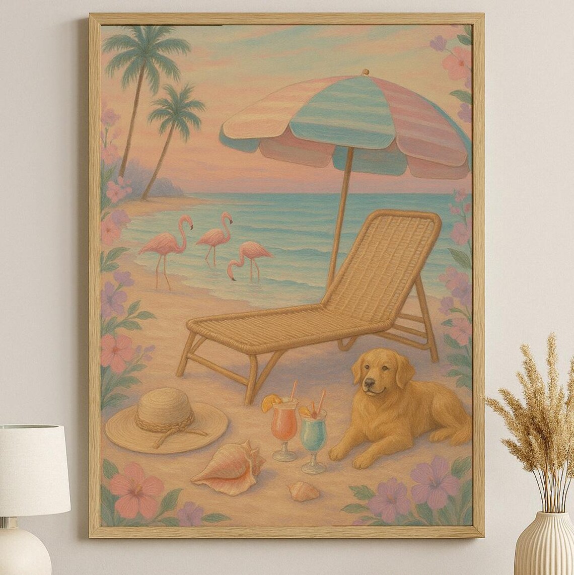 Golden Retriever Beach Day Poster Flamingos Tropical Summer Coastal Decor