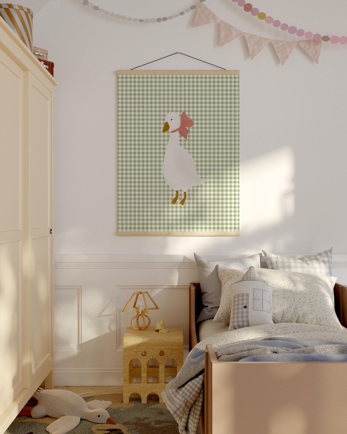 Girls Room Goose Wall Art Coquette Room Decor Cottagecore Nursery Little Girls Room Goose Print Gingham Wall Art Preppy Nursery Art Pink Bow - Image 2