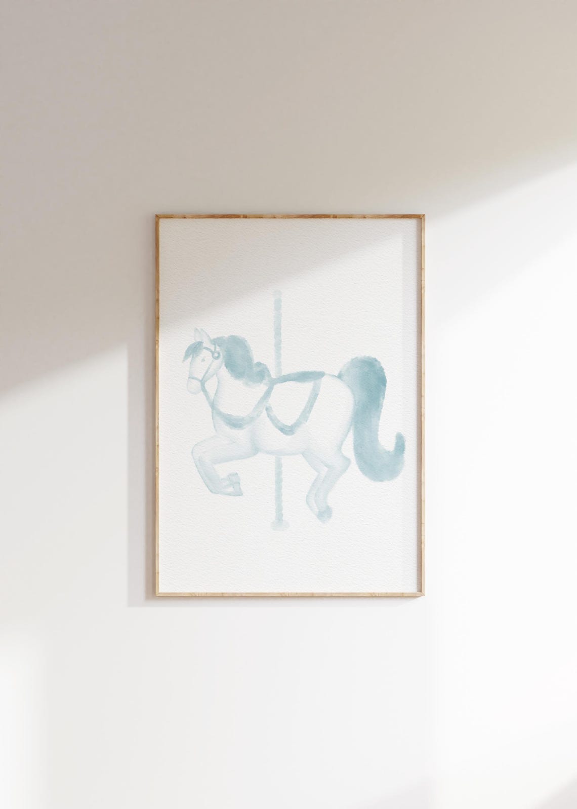 Soft Light Blue Watercolor Carousel Horse Nursery Art Poster