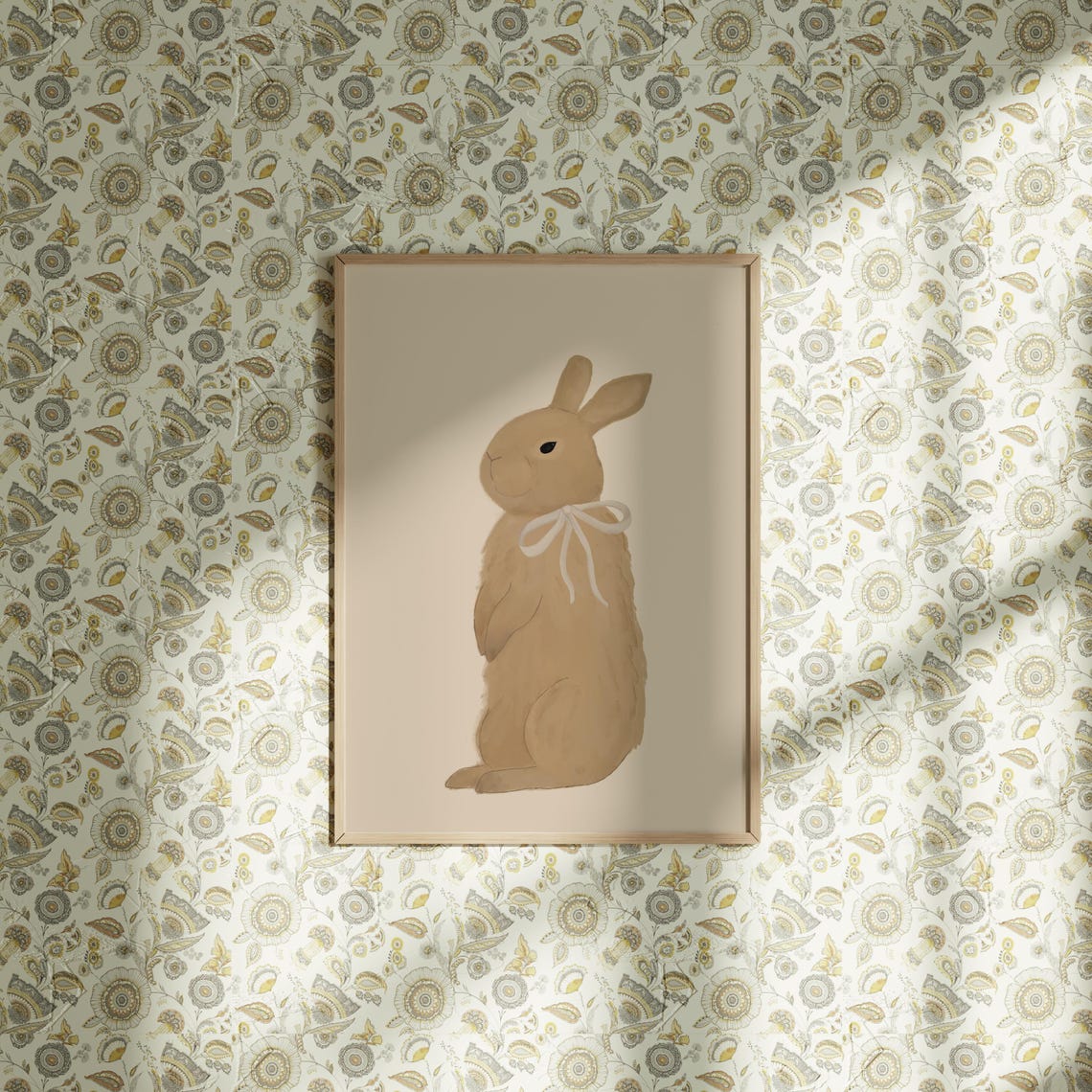 Beige Bunny White Bow Neutral Cozy Girls Room Nursery Poster - Image 2