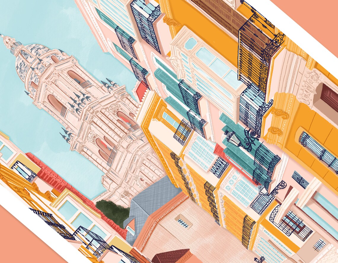 Malaga Spain Street Cathedral Tower Colorful Travel Art Poster - Image 2