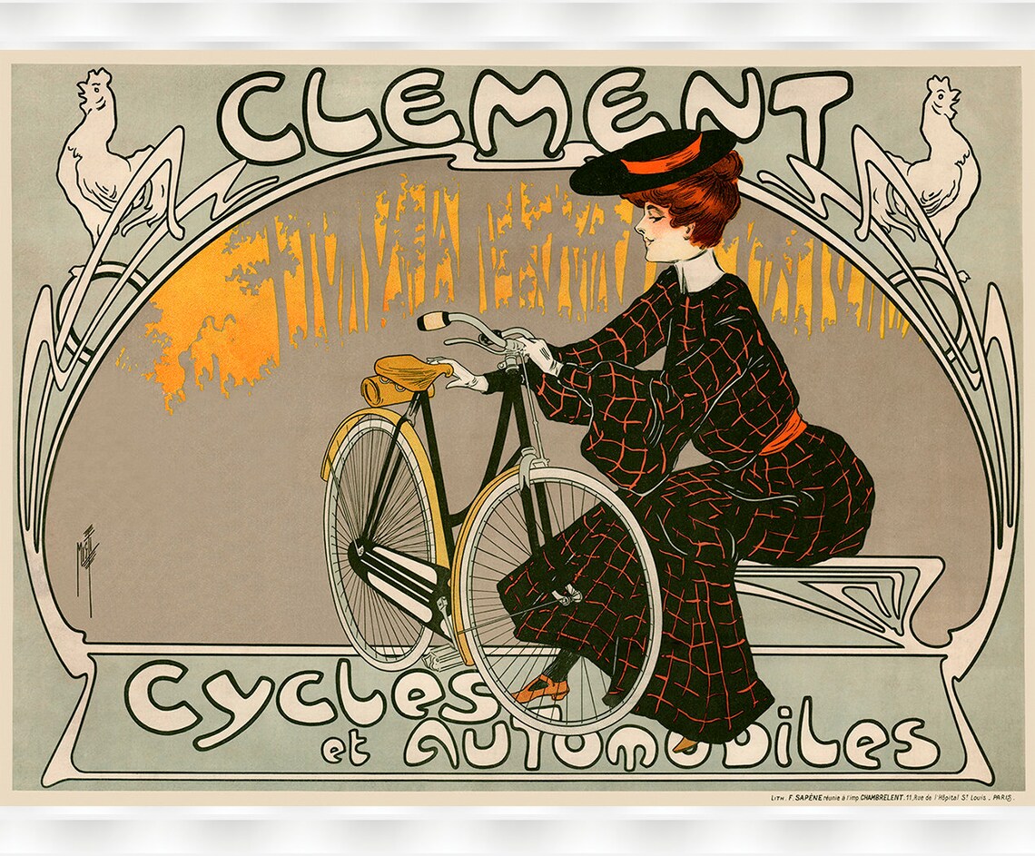 Clement Cycles et Automobiles Art Nouveau Woman Bike Vintage Poster