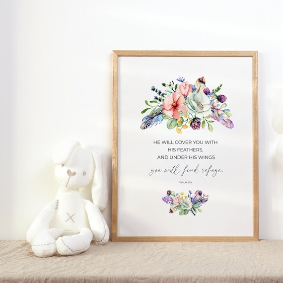 Psalm 91:4 Watercolor Floral Christian Nursery Art Print