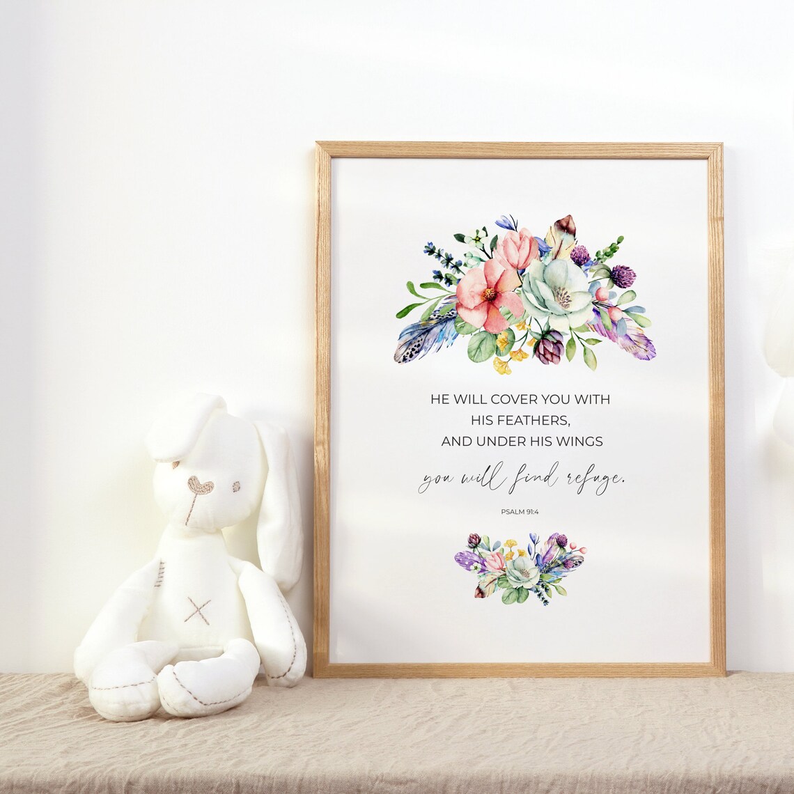Psalm 91:4 Watercolor Floral Christian Nursery Art Print