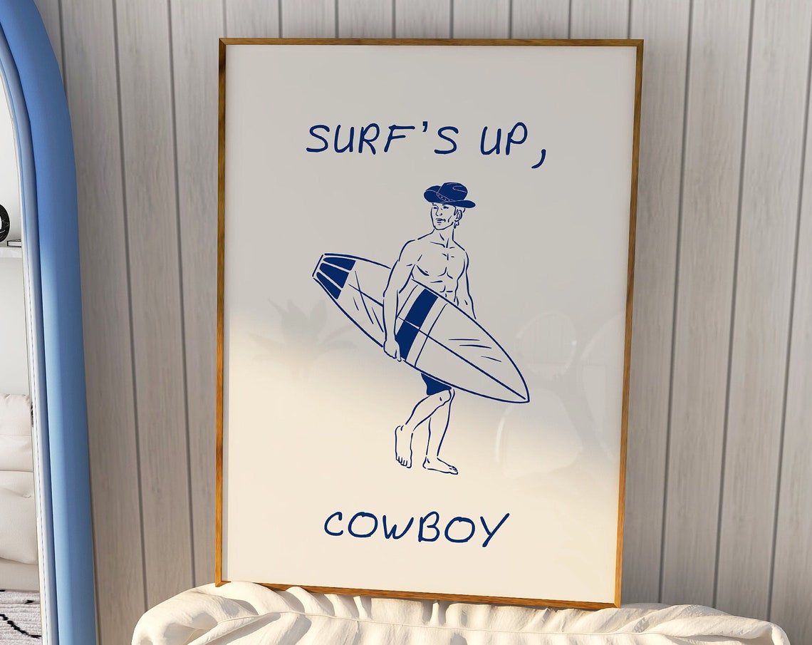 Surfs Up Cowboy Navy Line Art Surfer With Surfboard Beach Poster
