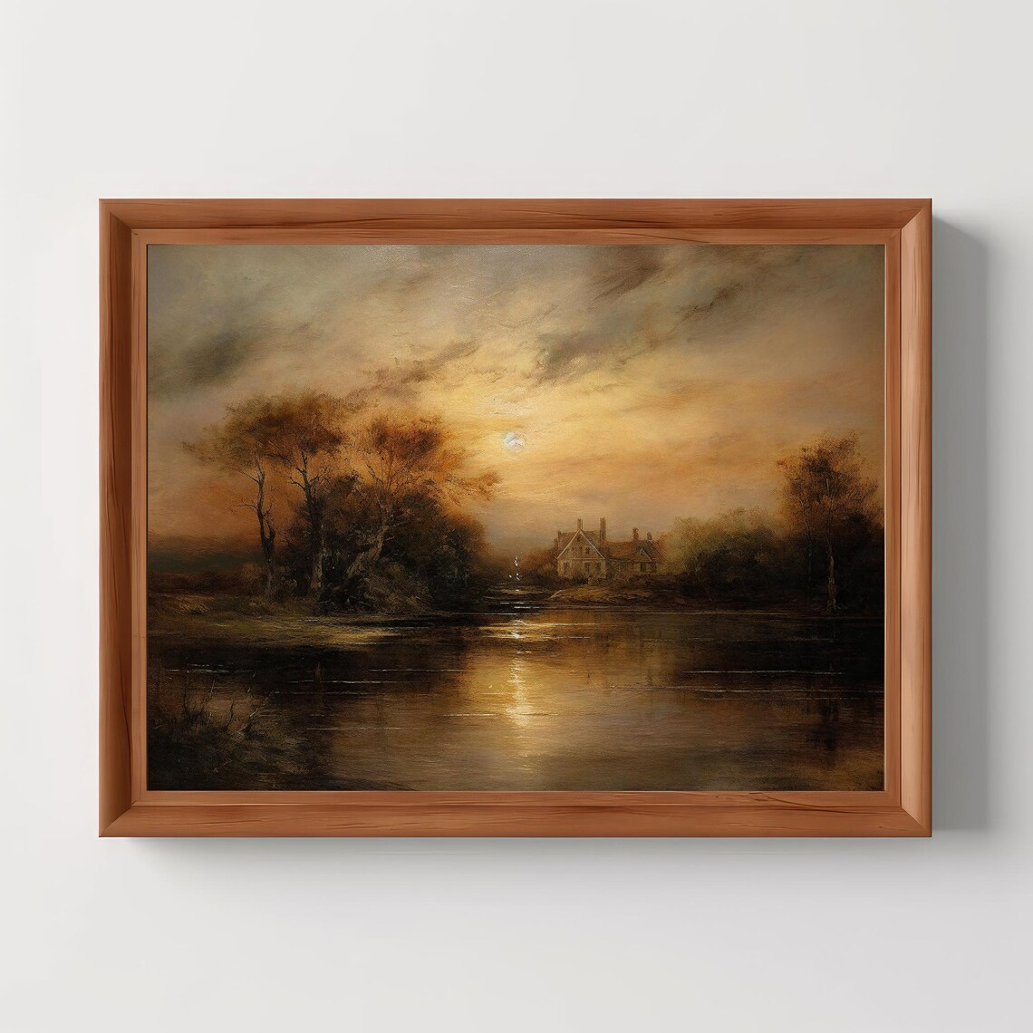 Moonlit Riverside Cottage At Sunset Vintage Oil Painting Poster