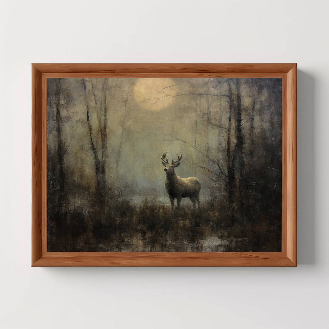 Deer Woods Dark Cottagecor Decor Whimsigoth Academia Antique Oil Painting Vintage Wall Art
