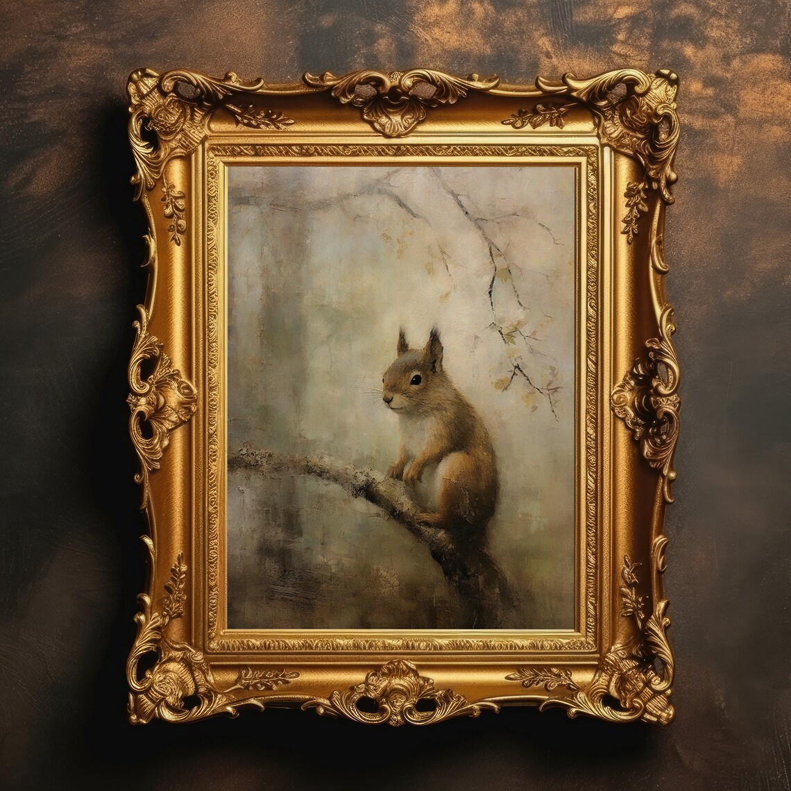Squirrel Vintage Oil Painting Art Print, Antique Neutral