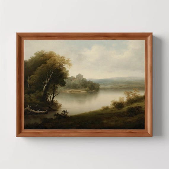 Castle By The Misty Lake Vintage Lakeside Landscape Large Coastal Living Room Wall Art Print