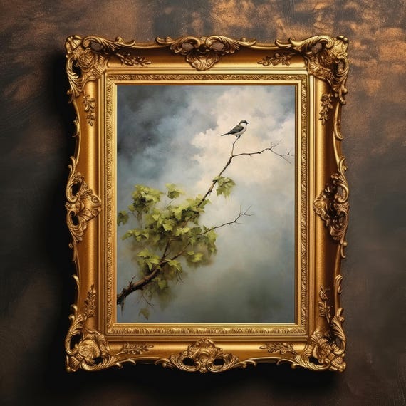 Vintage Moody Bird Print Antique Oil Painting Ethereal Room Decor Tree And Cloud Landscape