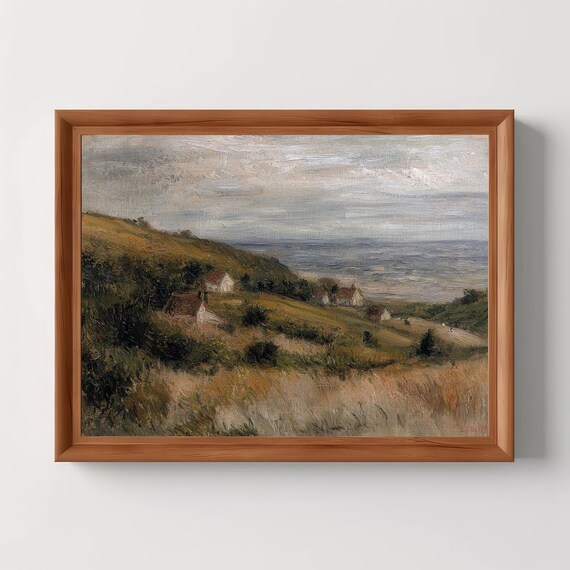 Coastal Hillside Cottages Vintage Oil Painting Seascape Poster