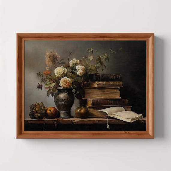Still Life Books And Flowers Dark Academia Vintage Oil Painting Antique Landscape Moody Gothic Decor