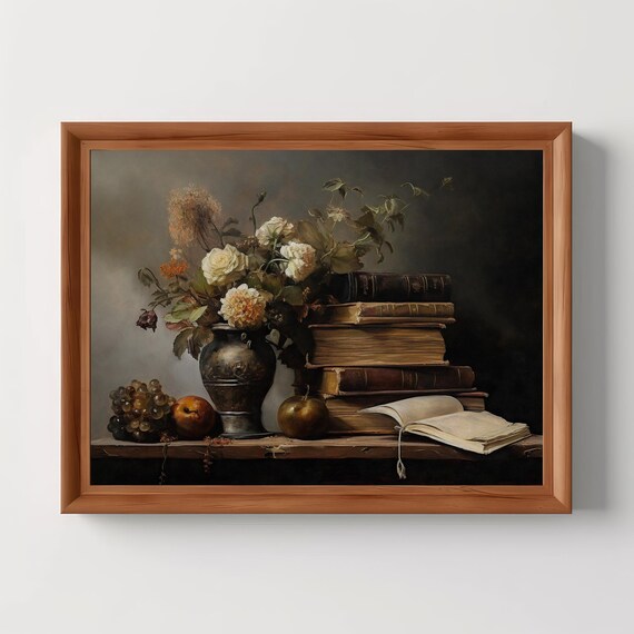 Vintage Books And White Roses Dark Academia Still Life Oil Painting Poster