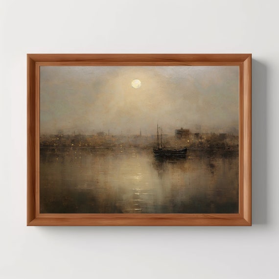 Vintage Ship Painting Nautical Wall Decor Moody Harbor Print Moonlit Boat Art