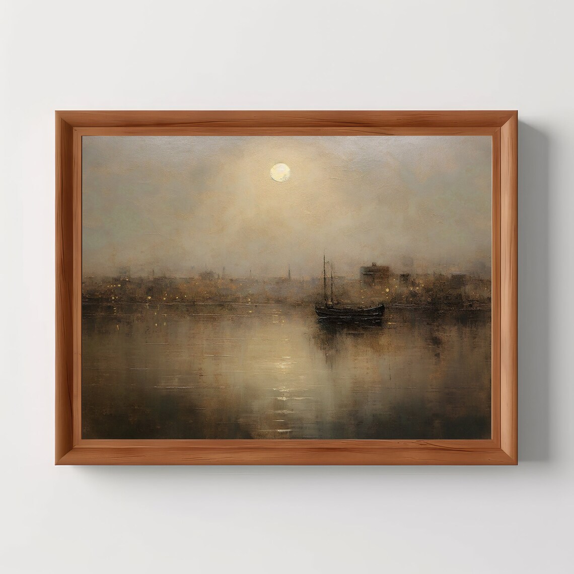 Moonlit Harbor Boat on Misty Water Vintage Nautical Oil Painting Print