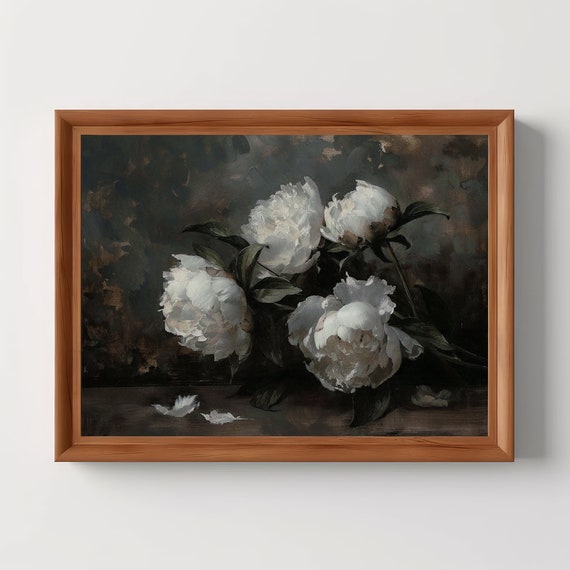 Peonies Vintage Oil Painting Floral Art Print Moody Flower Home Decor Still Life Dark Academia Antique