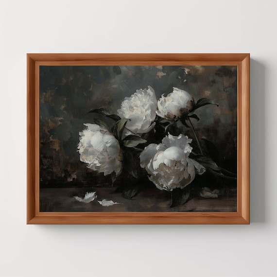 White Peonies Moody Dark Academia Oil Painting Floral Poster