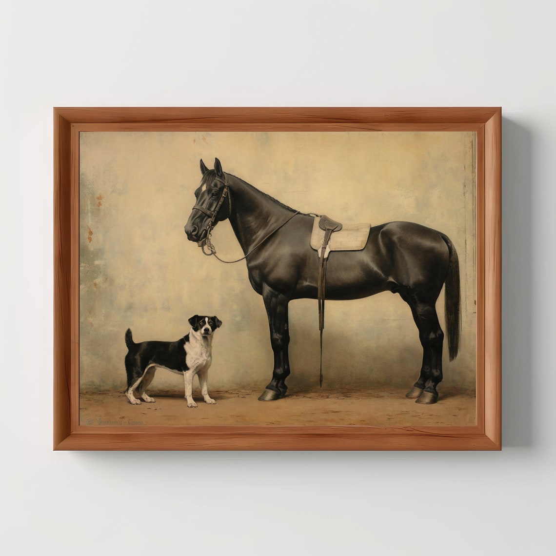 Classic Black Horse And Small Terrier Dog Equestrian Art Print