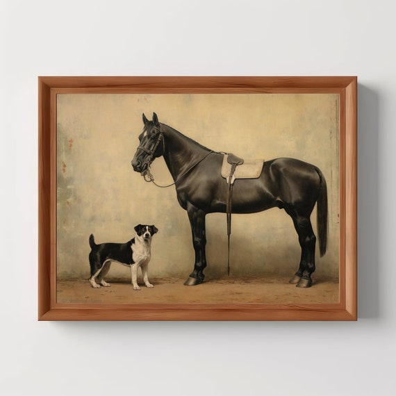 Vintage Horse Print Animal Farm Antique Nursery Wall Decor Moody Art Dog And Black Painting