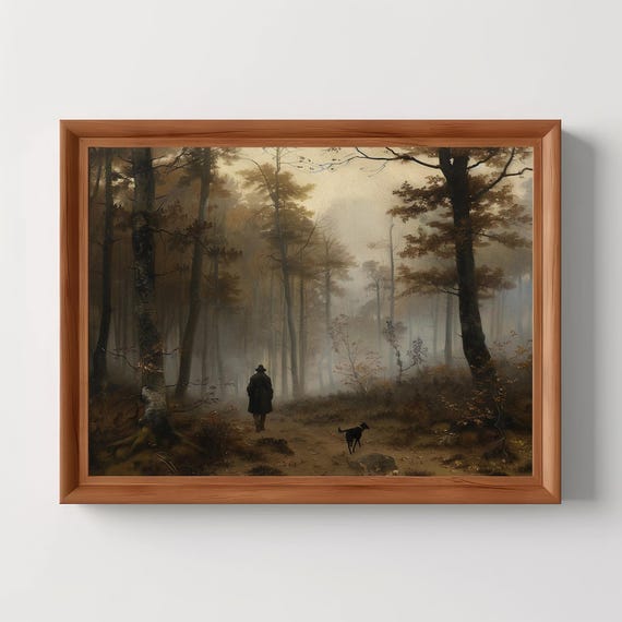 Morning Wander In The Mist Forest Landscape Vintage Oil Painting Moody Dog Walk Print Dark Academia