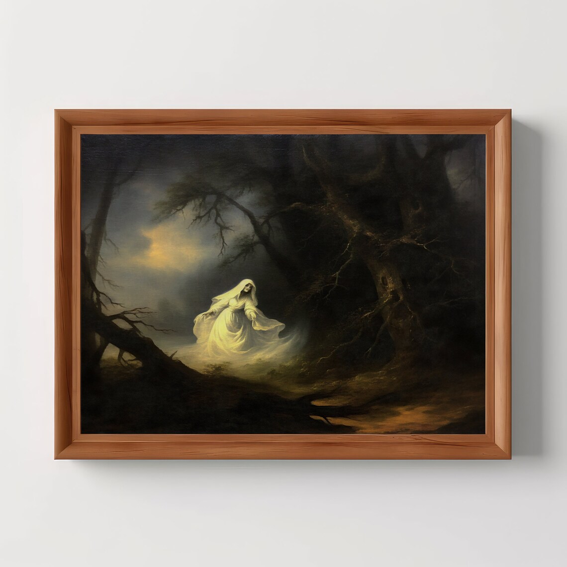 Ghostly Lady In Dark Forest Moody Antique Oil Painting Spooky Poster