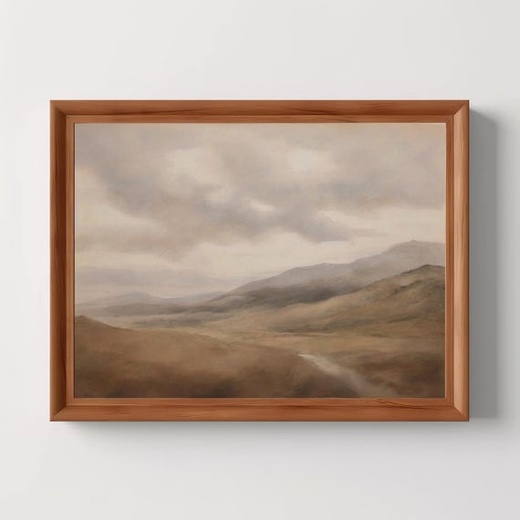 Misty Mountain Passage Muted Landscape Painting Vintage Neutral Rustic Decor Poster Moody Wall Art
