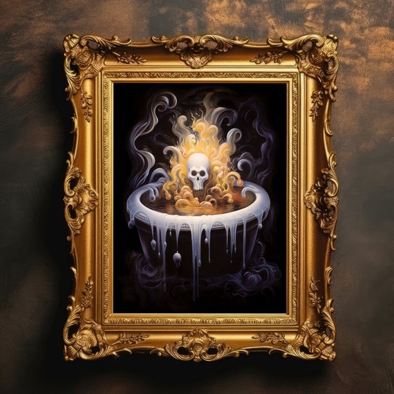 Skull Hot Tub Halloween Decor Skeleton Bathroom Print Art Poster Dark Academia Vintage Gothic Painting