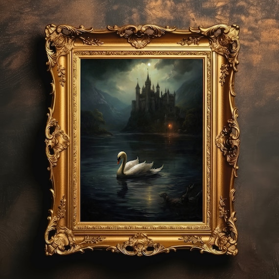 White Swan Castle Moody Oil Painting Art Print