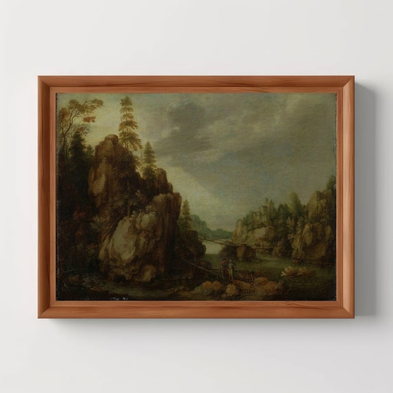 Mountainous River Landscape Rustic Oil Painting Vintage Mountains Bathroom Print Antique