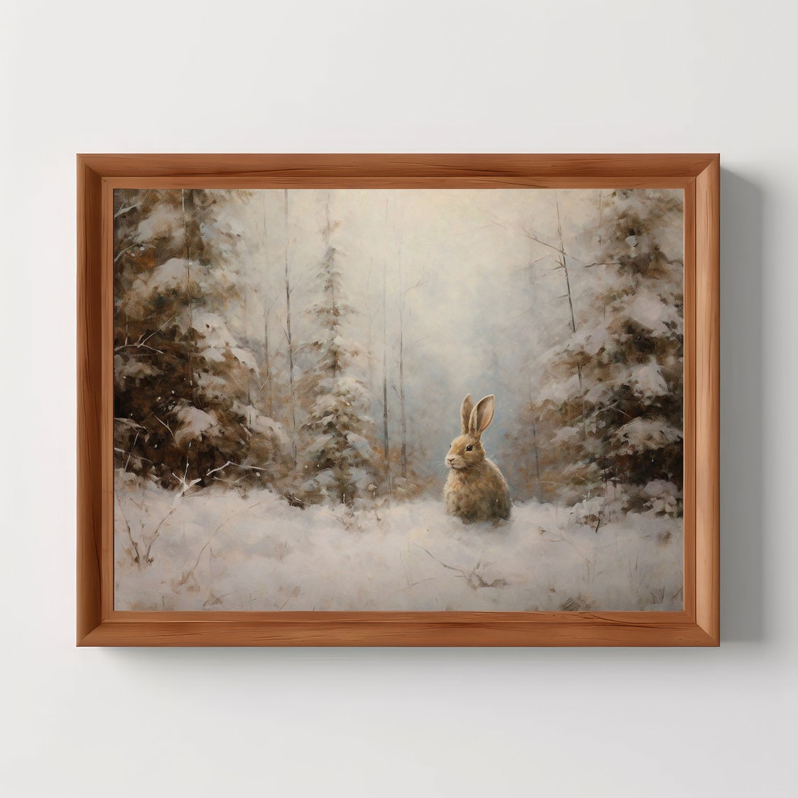 Winter Bunny In Snowy Pine Forest Vintage Christmas Scene Poster