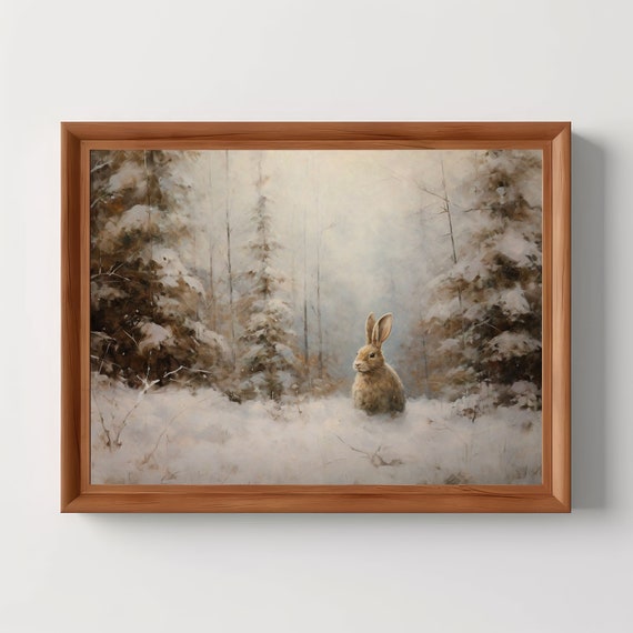 Bunny In Winter Forest Vintage Snowy Landscape Painting Christmas Decor Nursery Wall Art Moody Room Print