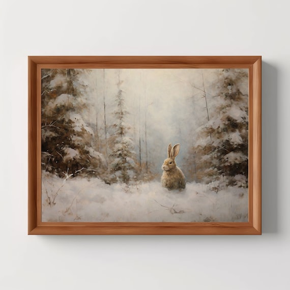 Winter Bunny In Snowy Pine Forest Vintage Christmas Scene Poster