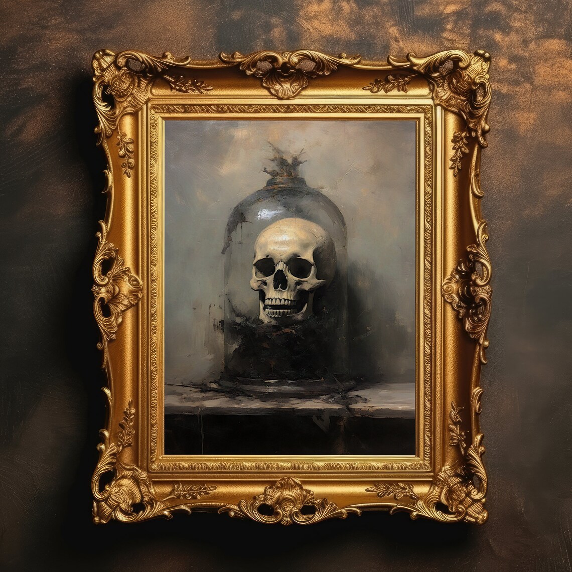 Skull In Glass Still Life, Dark Academia Art Print