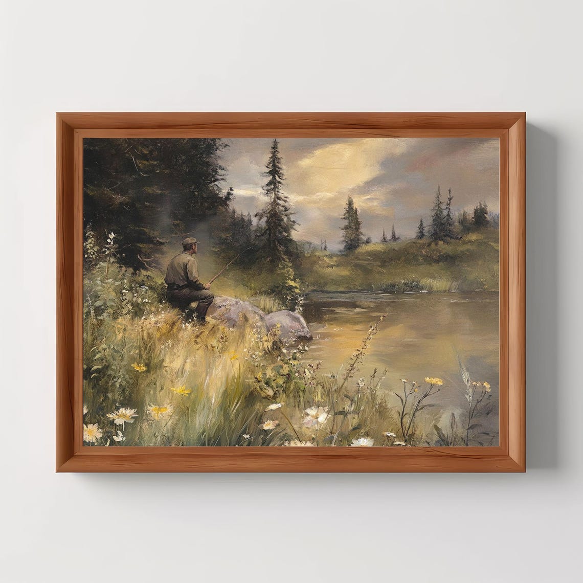 Fisherman by Quiet Lake Pine Forest Wildflowers Rustic Art Poster