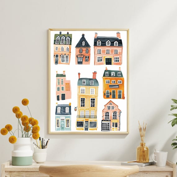 Cute Houses Watercolor Nursery Wall Art Print