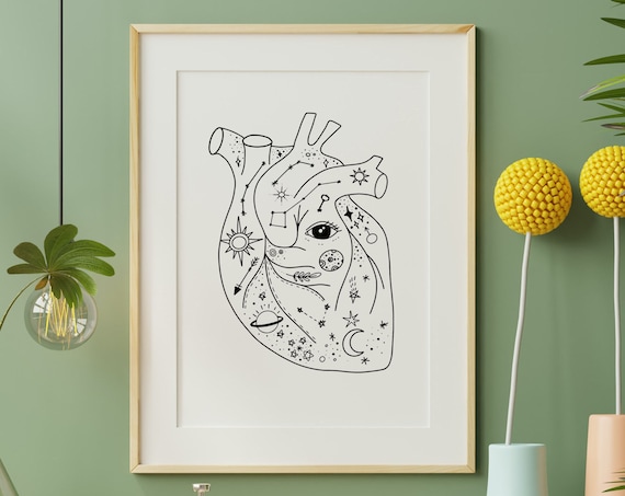 Celestial Anatomical Heart Black Line Art Moon Stars Mystic Poster