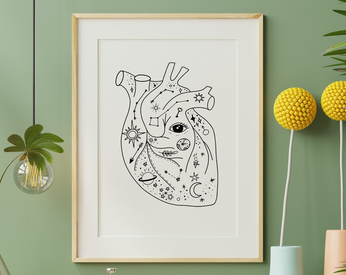 Celestial Anatomical Heart Black Line Art Moon Stars Mystic Poster