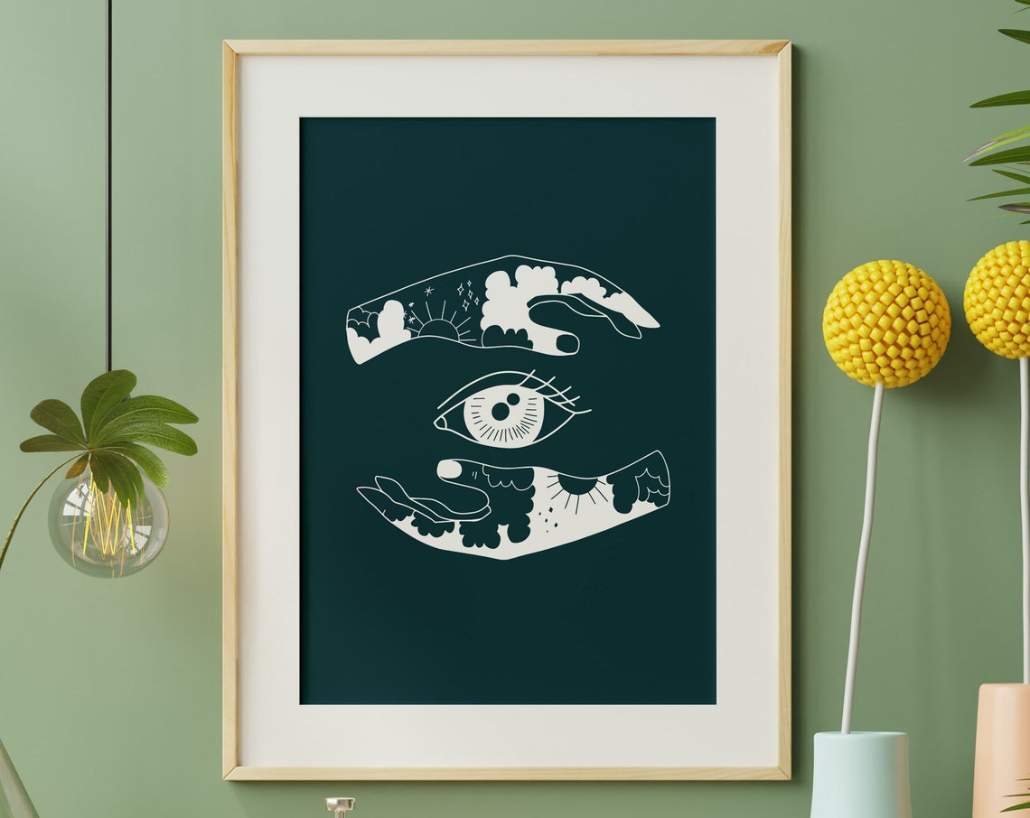 Celestial Hands Protecting Eye Deep Green Mystic Boho Poster