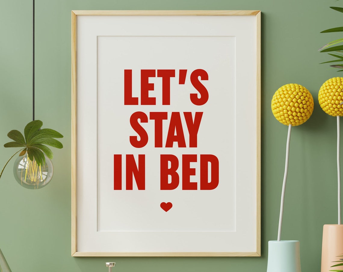Let's Stay In Bed Funny Quote Poster Red Bedroom Couple Decor