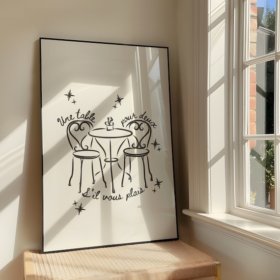 Une Table Pour Deux Wall Art Print Bold French Artwork Romantic Illustration Kitchen Poster Caf Decor