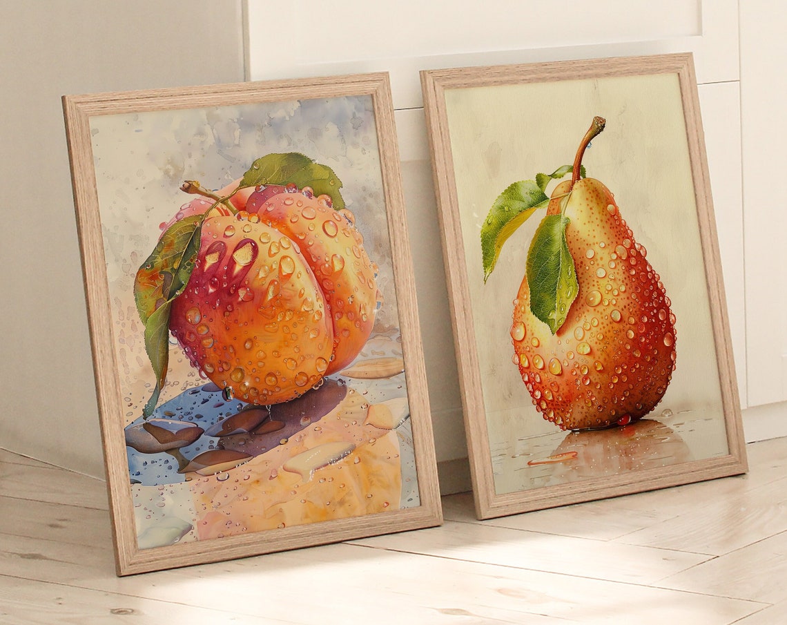 Watercolor Peach and Pear Print with Morning Dew for Kitchen Decor