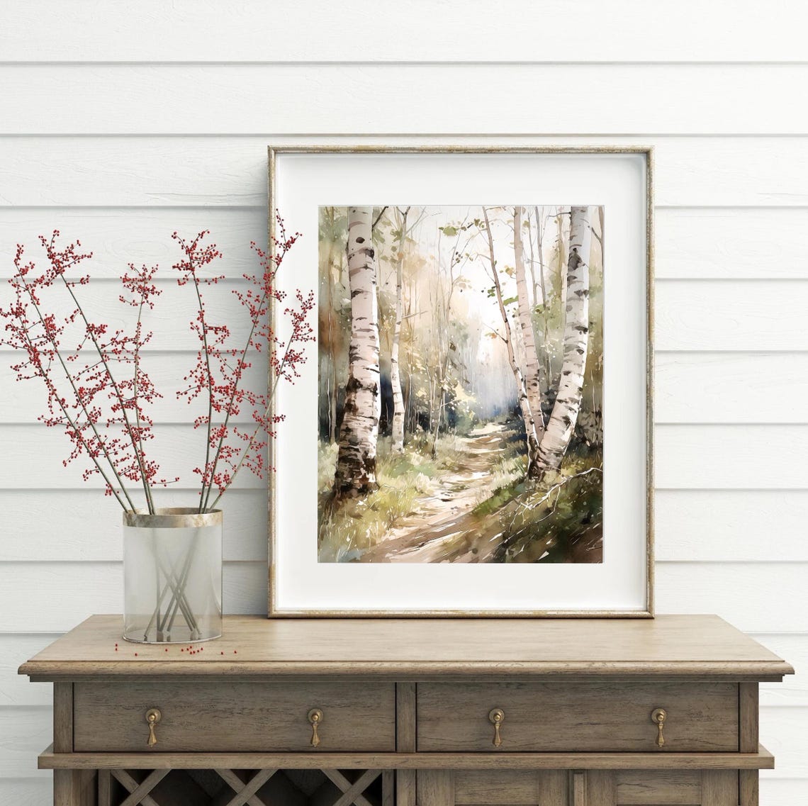 Birch Forest Path Misty Morning Light Serene Watercolor Poster - Image 5