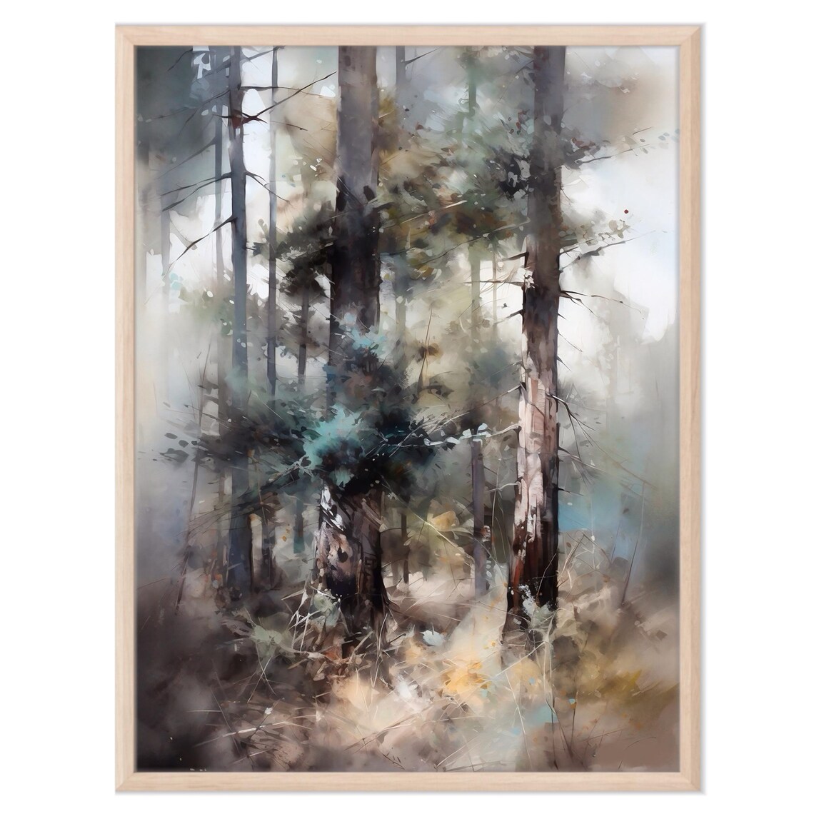 Misty Dark Pine Forest Tall Trunks Soft Fog Watercolor Woodland Poster