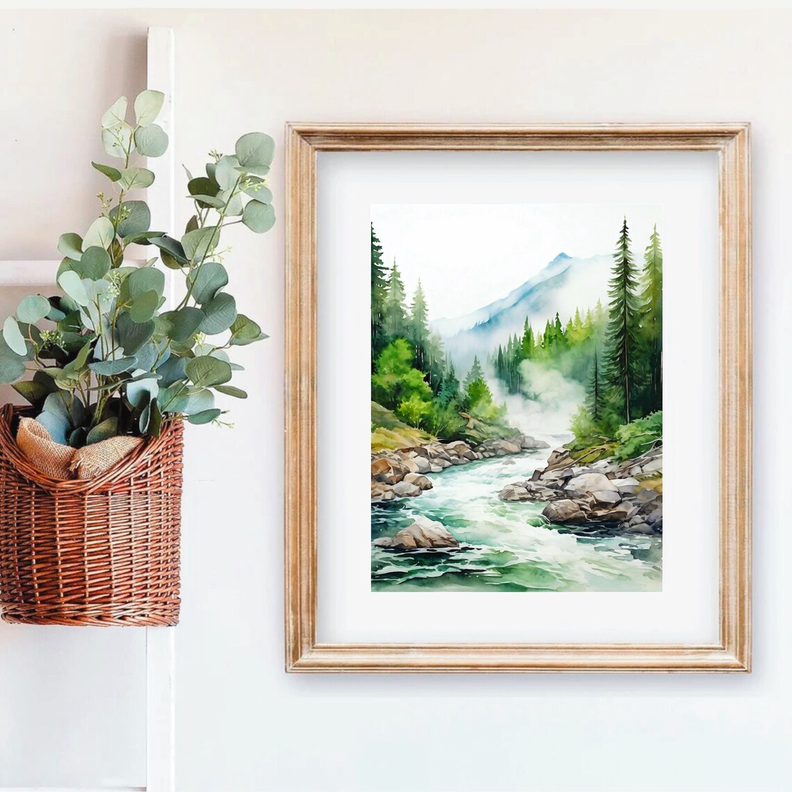 Mountain River Rapids Evergreen Forest Mist Watercolor Poster - Image 5