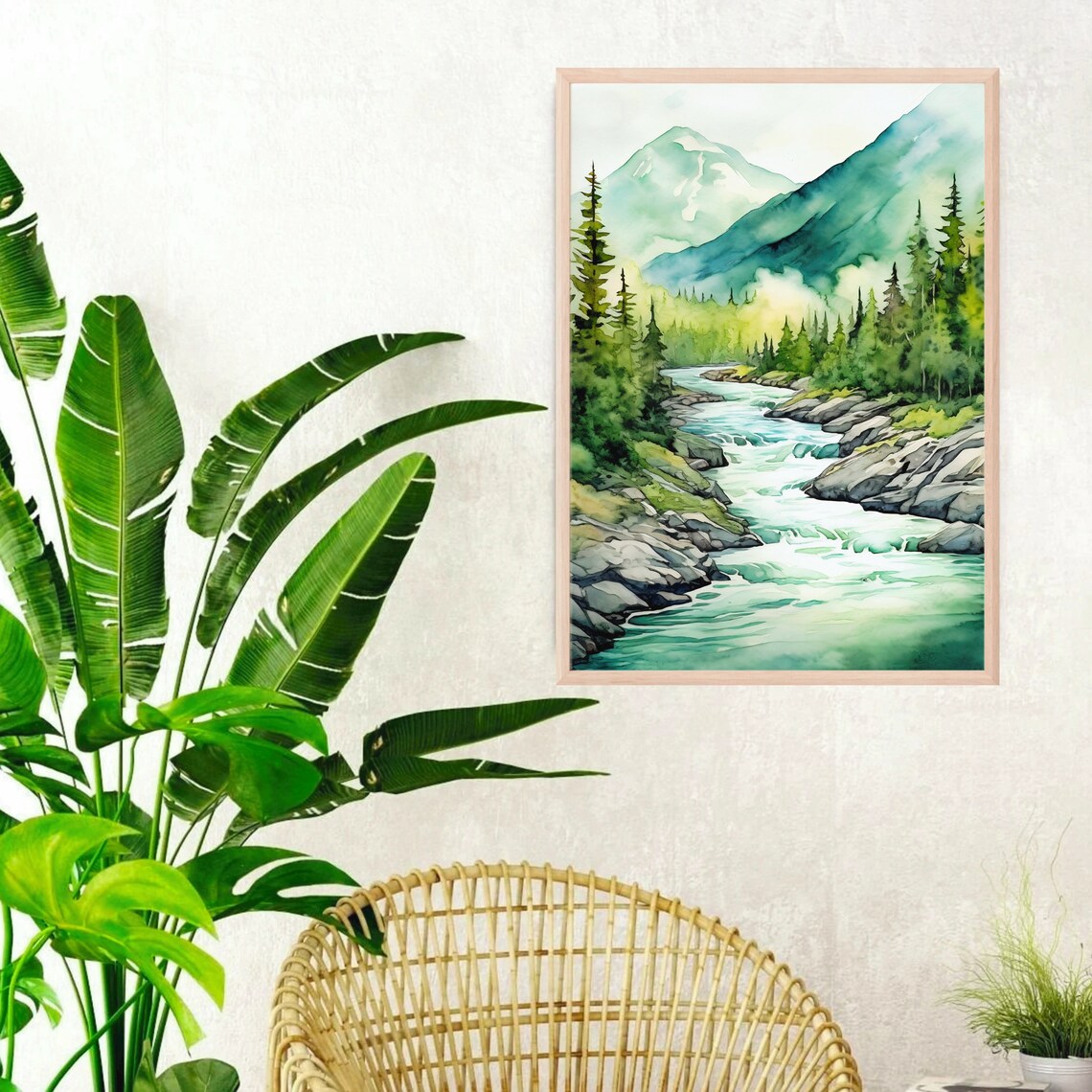 Mountain River Misty Forest Watercolor Art Print - Image 5