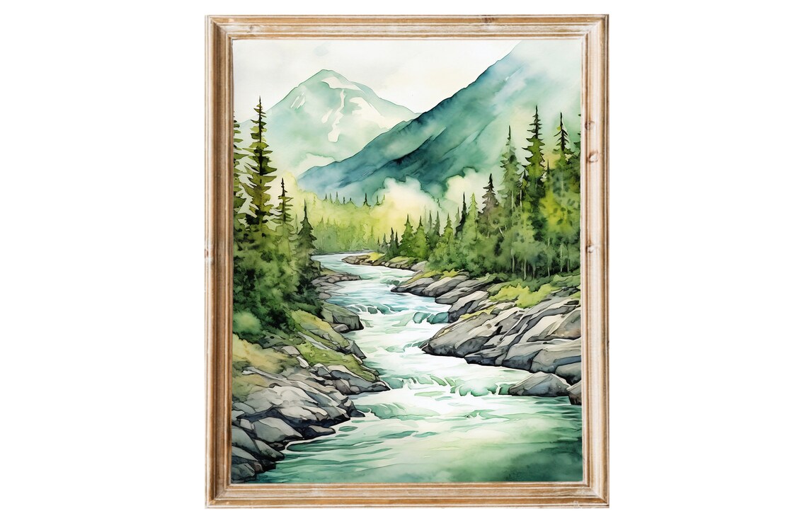 Mountain River Misty Forest Watercolor Art Print - Image 3