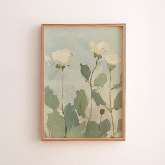 Sage Green Floral Print Earthy Botanical Wall Art